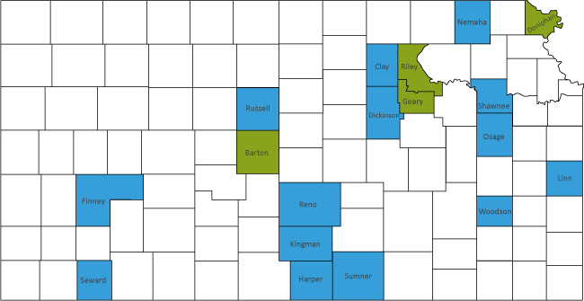 Map of Kansas highlighting the counties.